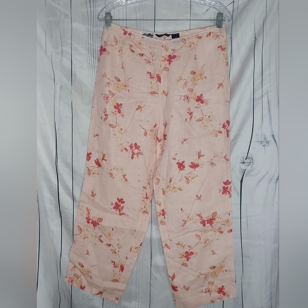 Ecologie 100% Irish Linen Cropped High-Rise Cottagecore Pink Floral Pants